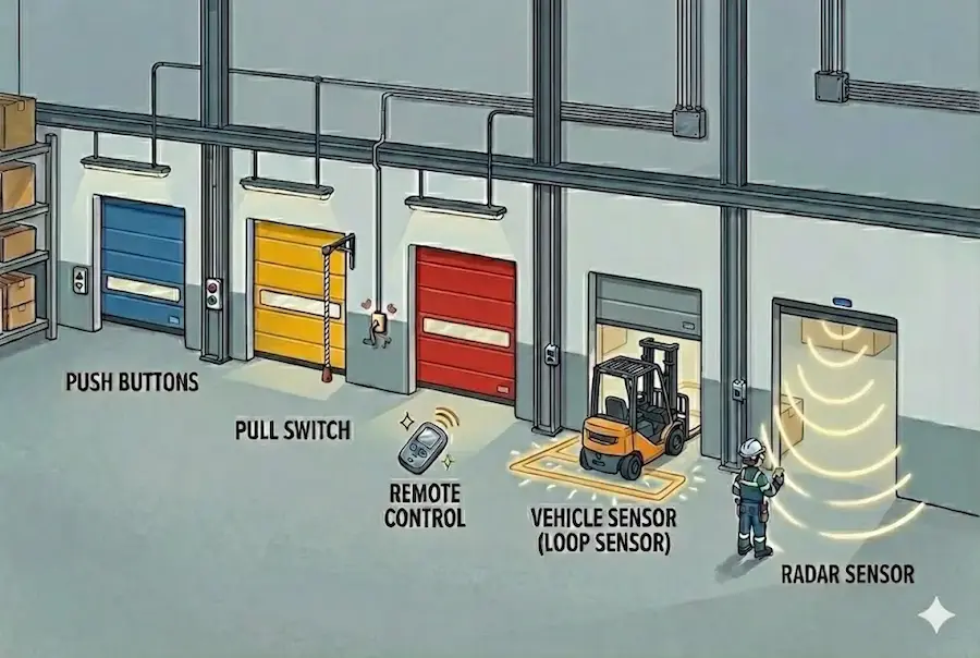 High speed door Opening sensors like radar sensor, loop vehicle sensor, pull switch, push button and remote control