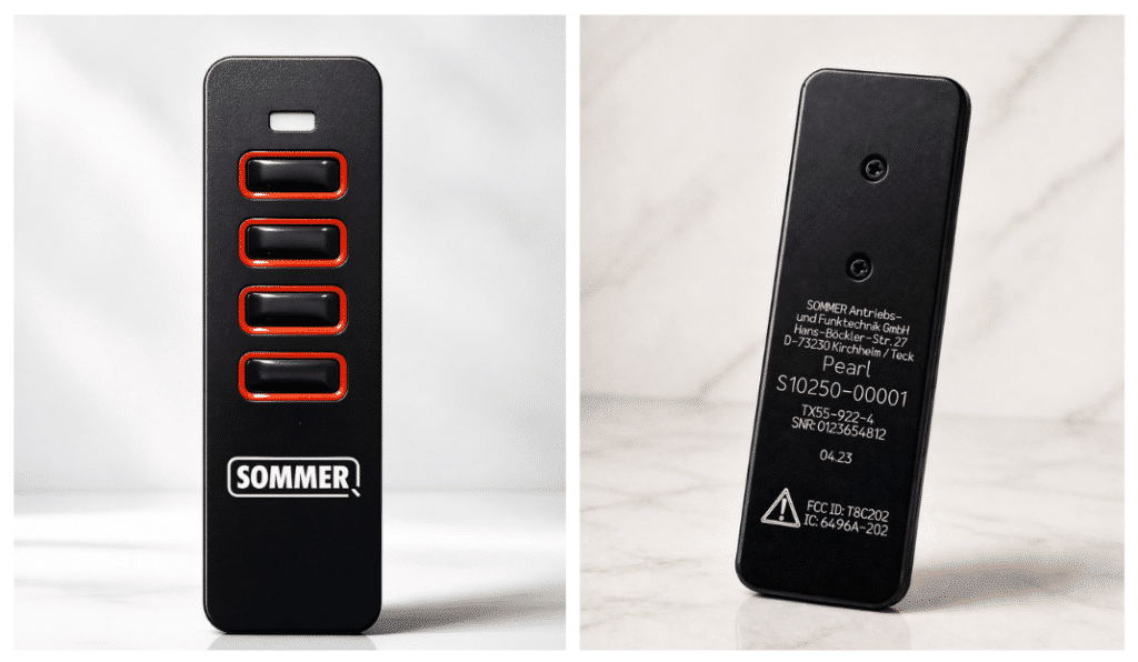 รีโมทประตู SOMMER รุ่น Pearl Transmitter ความถี่ 922.5 MHz แบบ 4 ปุ่ม ดีไซน์สีดำแดง ใช้งานสะดวก ควบคุมประตูโรงรถและประตูอัตโนมัติได้หลายระบบ