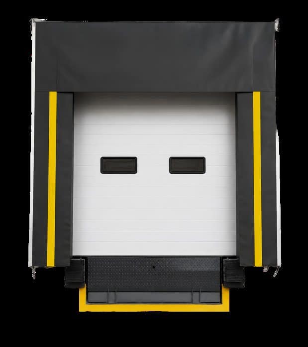 Dock Shelter แบบม่านพับเก็บ OZ ม่าน PVC พร้อมแถบเตือนสีเหลือง